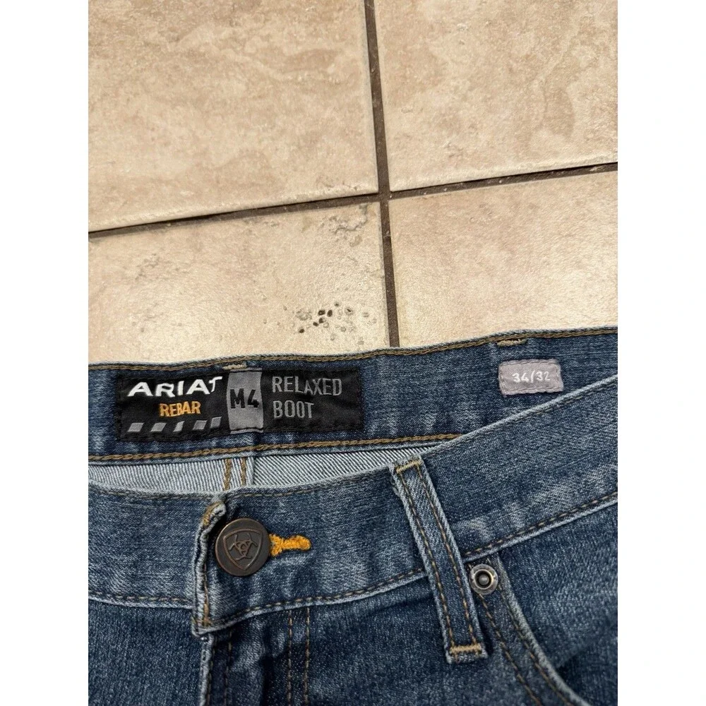 Ariat Jeans Mens 34x32 M4 Rebar Relaxed Boot Cut Blue Denim Stretch Work Wear - Picture 3 of 8